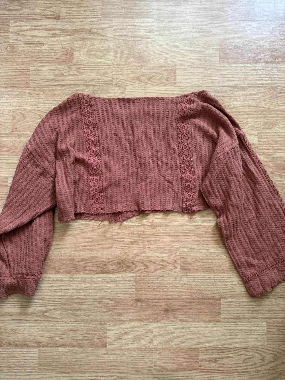 Free People Dylan Ribbed Lace-Trim Long Sleeve Crop Top Rust M - Picture 3 of 6